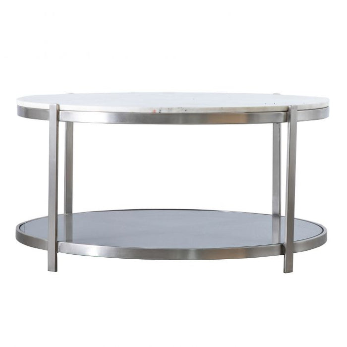 Celestina Coffee Table, Silver Metal Frame, Black Glass, White Marble Top