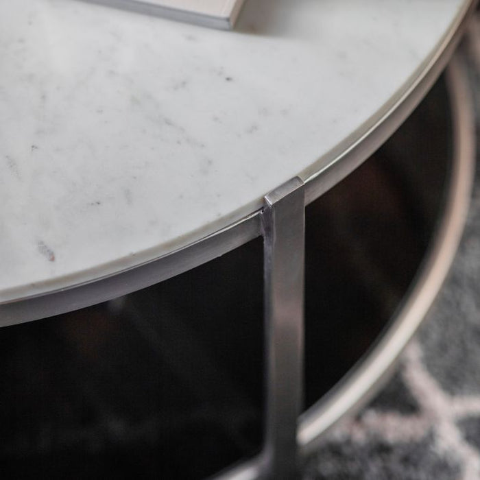Celestina Coffee Table, Silver Metal Frame, Black Glass, White Marble Top