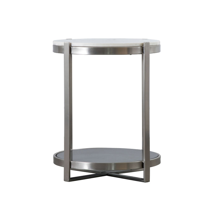 Augusta Side Table, Silver Metal Frame, White Round Marble Top, Black Glass Shelf