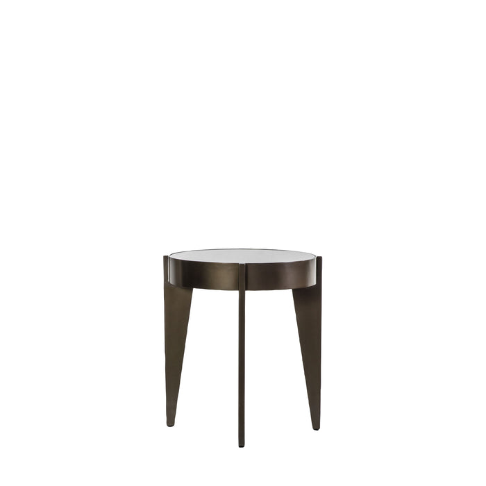 Alessandra Round Side Table, Dark Gold Metal, Sunburst Design, Glass Top