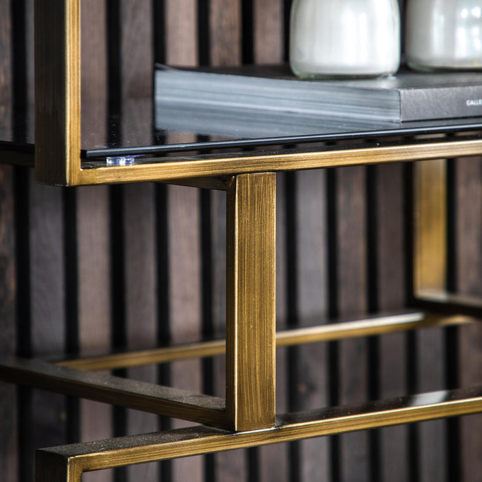 Millie Rectangular Floor Shelf, Bronze Metal Frame, Open Display Unit, Glass Top Shelf