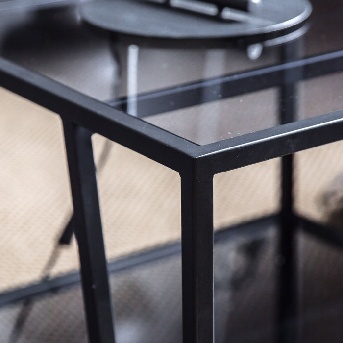 Shoreditch Side Table, Black Metal Frame, 1 Shelf, Glass Top