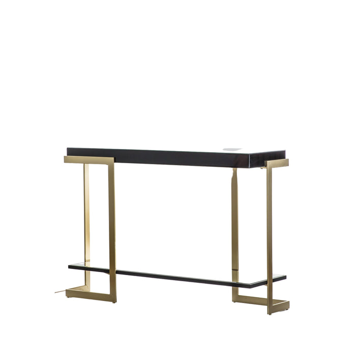 Viola Console Table, Gold Metal Frame, Black Glass Top, Lower Shelf