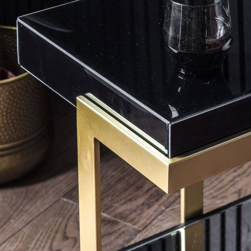 Ella Side Table, Gold Metal Frame, Black Glass Top