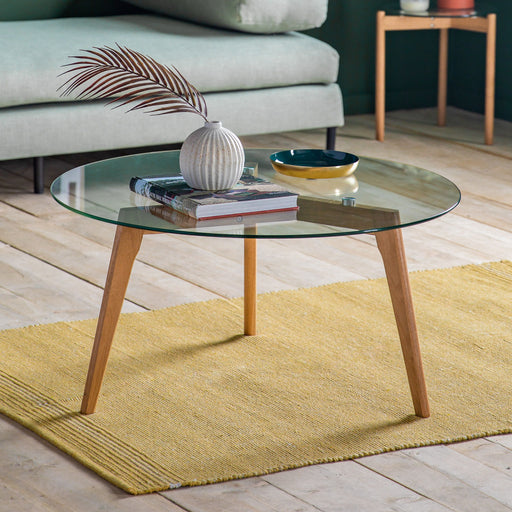 Lisa Round Coffee Table, Oak Natural Frame, Clear Glass Top