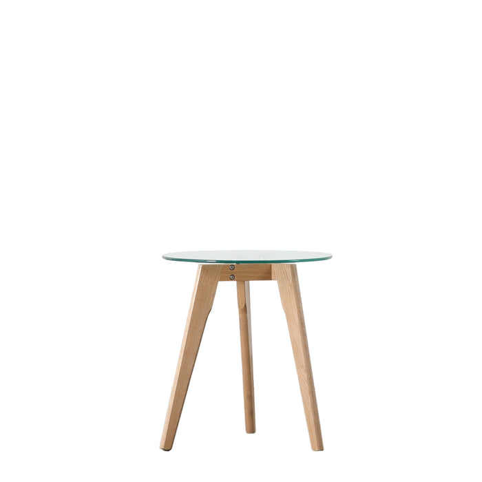 Poppy Side Table, Natural Wood Legs, Round Clear Glass Top