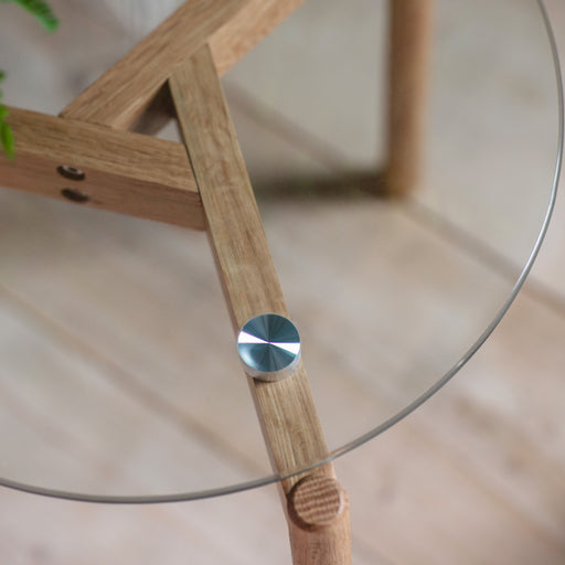 Poppy Side Table, Natural Wood Legs, Round Clear Glass Top