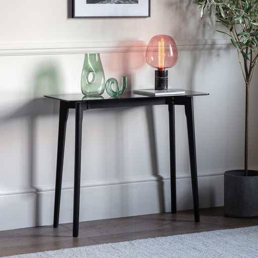 Francesca Console Table, Black Wood, Smoked Glass