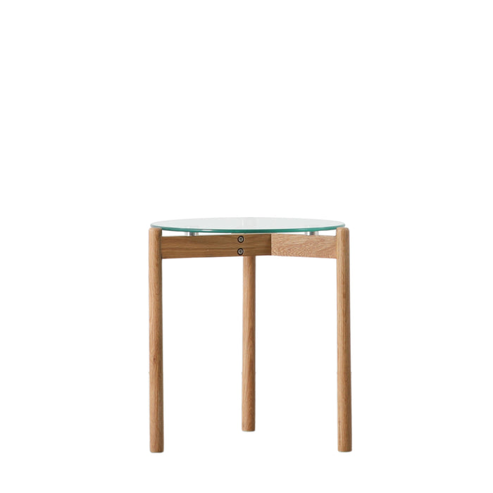 Ambra Side Table, Natural Oak Frame, Tempered Smoked Clear Glass, Round Top