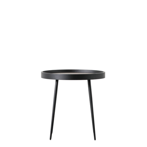 Agnese Round Side Table, Black Metal Frame, Faux Timber Top