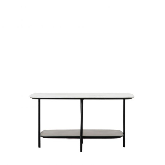Claudia Small Coffee Table, Lower Shelf, Black Metal Frame, White Faux Marble Top