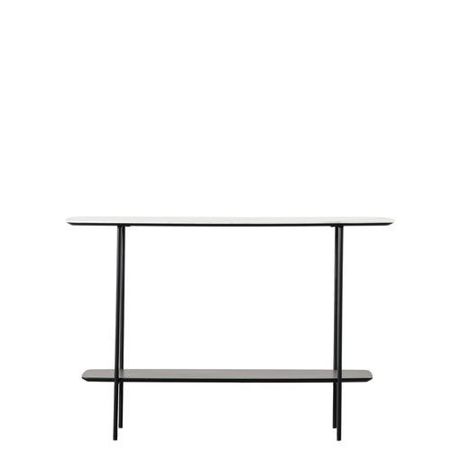 Federica Console Table, Black Metal Frame, White Faux marble Tabletop, Black Lower Shelf