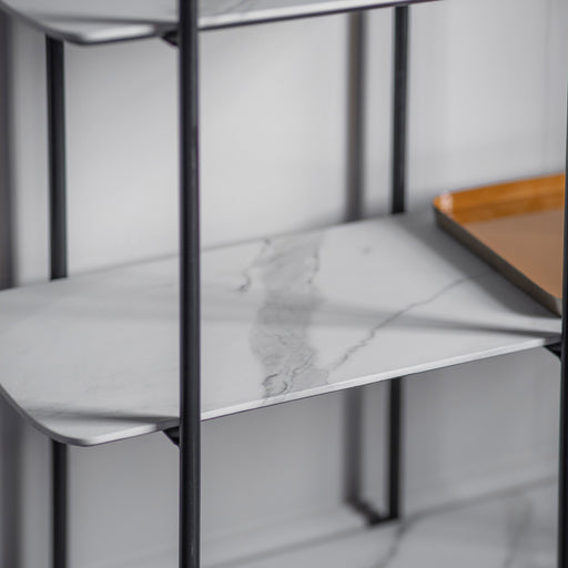 Zara Rectangular Floor Shelf, Open Display Unit, Faux White Marble Shelves, Black Metal Frame