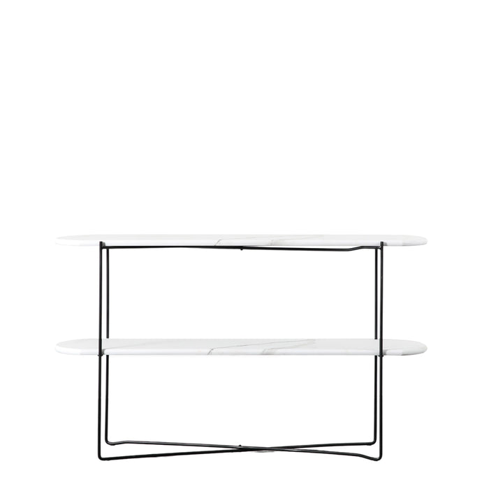 Emma Console Table, White Marble, Black Metal Frame, Open Shelf