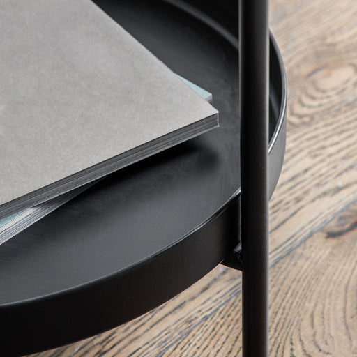 Corinna Side Table, Metal Frame, Black Finish, Lower Shelf, Round Top