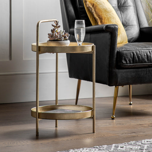 Corinna Side Table, Gold Finish, Metal Frame, Lower Shelf, Round Top