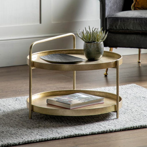 Amata Coffee Table, Lower Shelf, Gold Metal Frame, Round Top