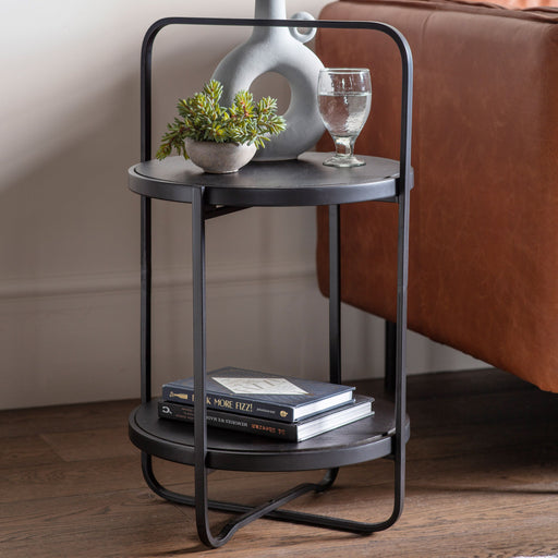 Viola Side Table, Black Veneer Top, 1 Shelf, Black Metal Frame
