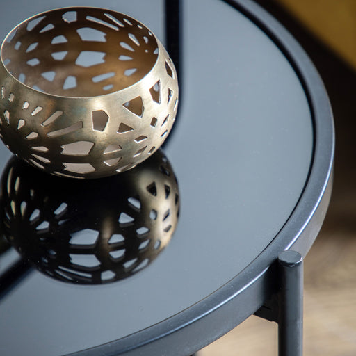 Noemi Decorative Side Table, Black Round Glass Top, Black Metal Framed