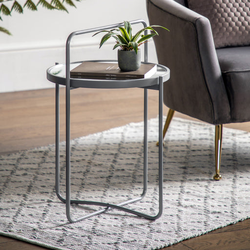 Noemi Decorative Side Table, Grey Metal Framed, Black Round Glass Top