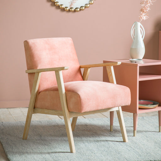 Charleston Armchair / Accent Chair, Blush Pink Velvet, Natural Wood Frame