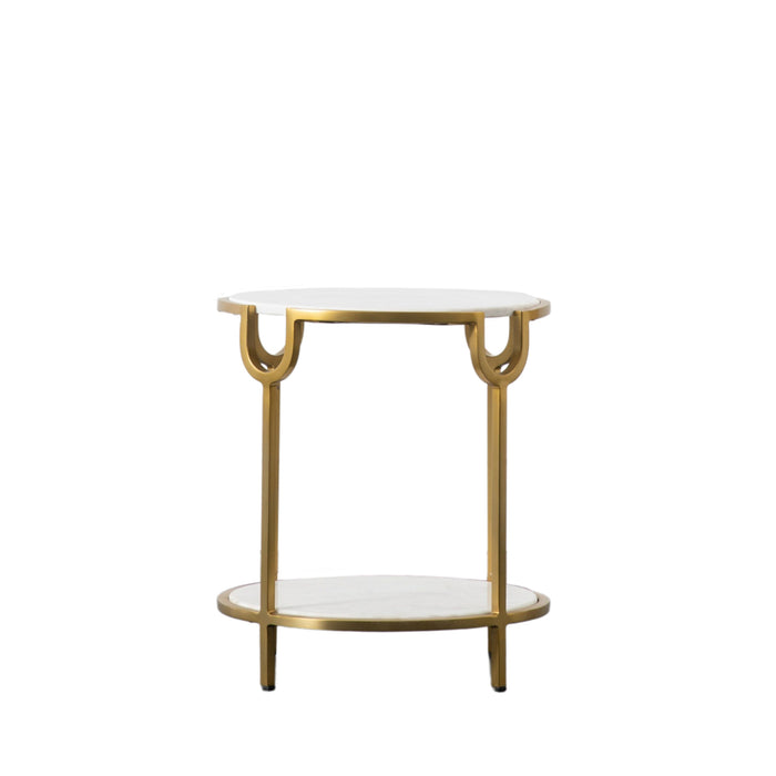 Amara Side Table, Brushed Brass Metal Frame, Round White Marble