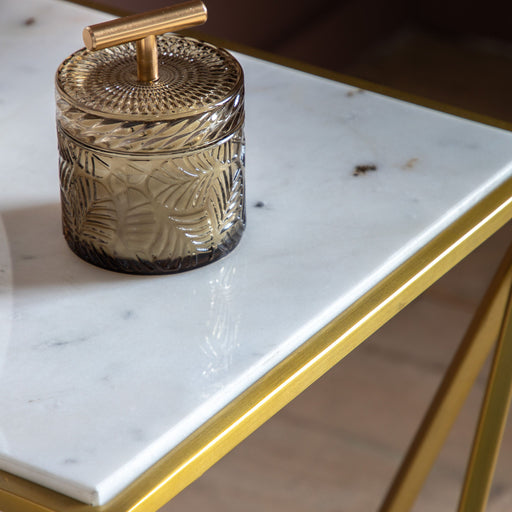 Bianca Side Table, Gold Metal Frame, Brushed Brass Finis, White Marble Top