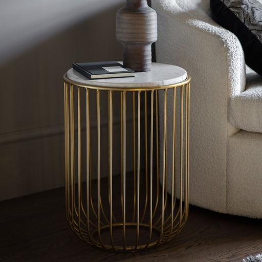 Veronica Side Table, Gold Unique Wire Metal Base, White Marble Top