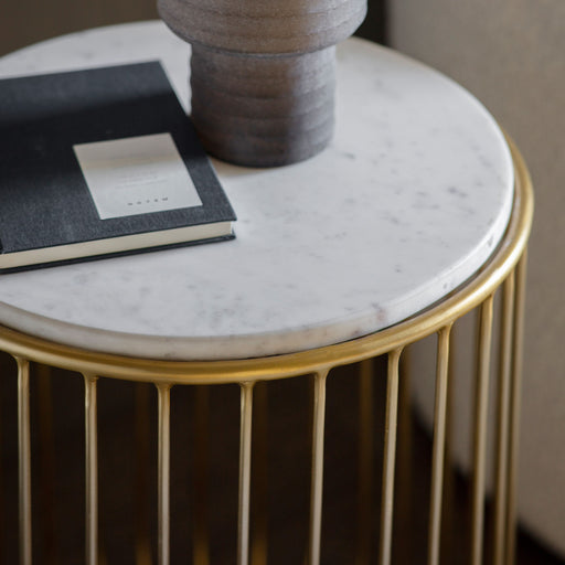 Veronica Side Table, Gold Unique Wire Metal Base, White Marble Top