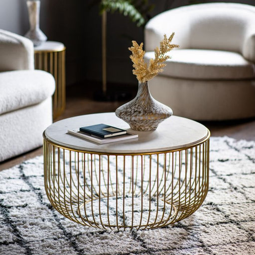 Beatrice Round Coffee Table, Gold Metal Frame, White Marble Top
