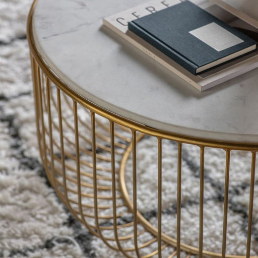 Beatrice Round Coffee Table, Gold Metal Frame, White Marble Top
