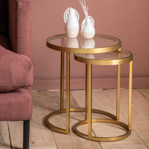 Carolina Nest Side Tables, Gold Metal Frame, Clear Glass Top