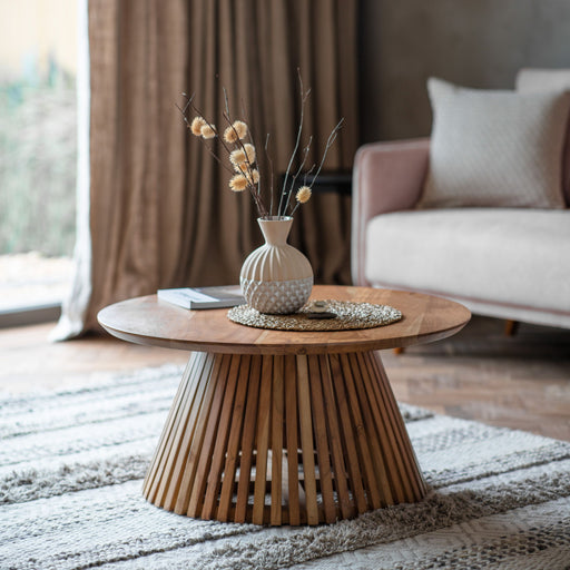 Matilde Coffee Table, Natural Slatted Wood, Round Top