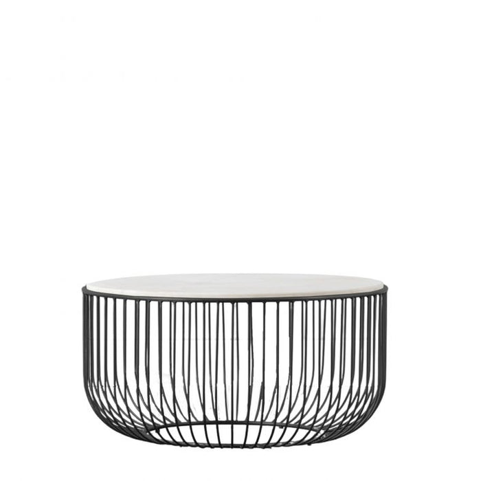 Beatrice Coffee Table, Black Wire Metal Base, White Marble Top