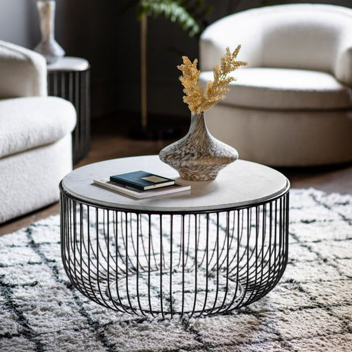 Beatrice Coffee Table, Black Wire Metal Base, White Marble Top