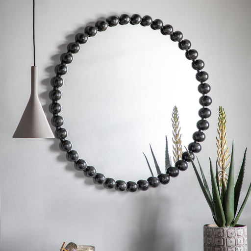 Bianca Metal Wall Mirror, Beaded, Round, Black Frame, 80cm