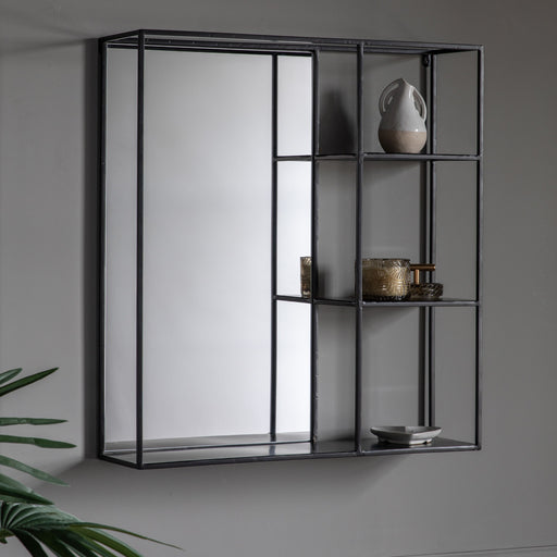 Amata Rectangular Wall Mirror, Shelves, Black Metal Frame, 65 x 60cm
