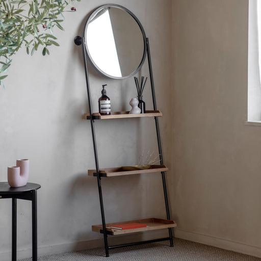 Sienna Rectangular Floor Shelf, Large Round Mirror, Black Metal Frame, Natural 3 Wooden Shelves 