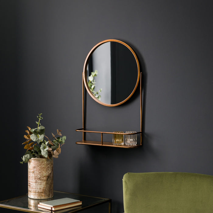 Jasmine Wall Mirror, Metal, Round, Bronze Frame, Shelf