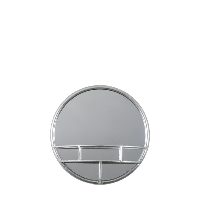 Sienna Metal Wall Mirror, Round Frame, Silver, Shelf 