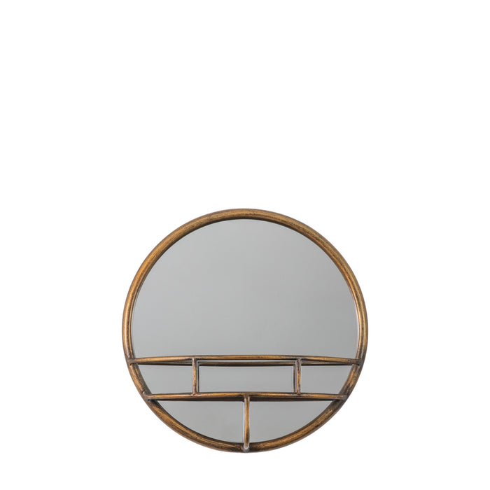 Sienna Round Wall Mirror, Metal, Bronze Frame, Shelf
