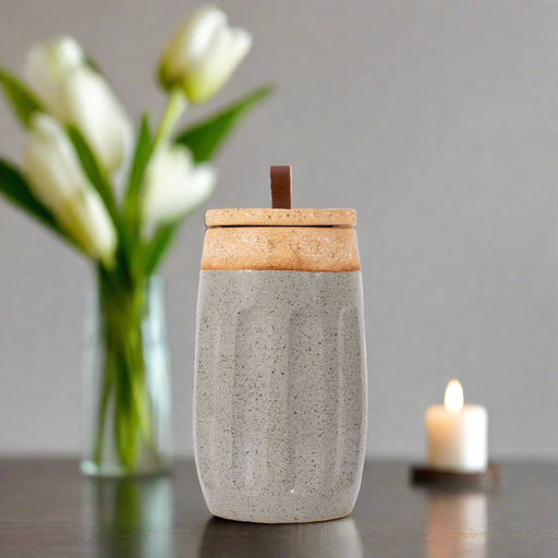 Ava Decorative Earthenware/Leather/ Brass Rivets Jar In Natural/Slate With Lid
