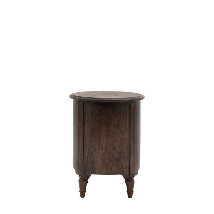 Gaia Drum Side Table, Coffee Table, Round Solid Walnut, 1 Drawer, 1 Door
