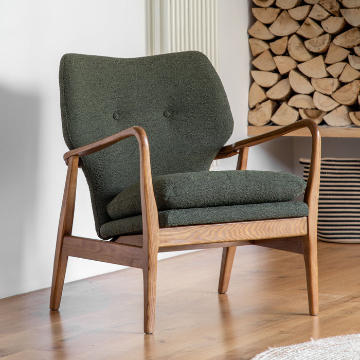 Sophie Wooden Armchair in Green Boucle Style Fabric