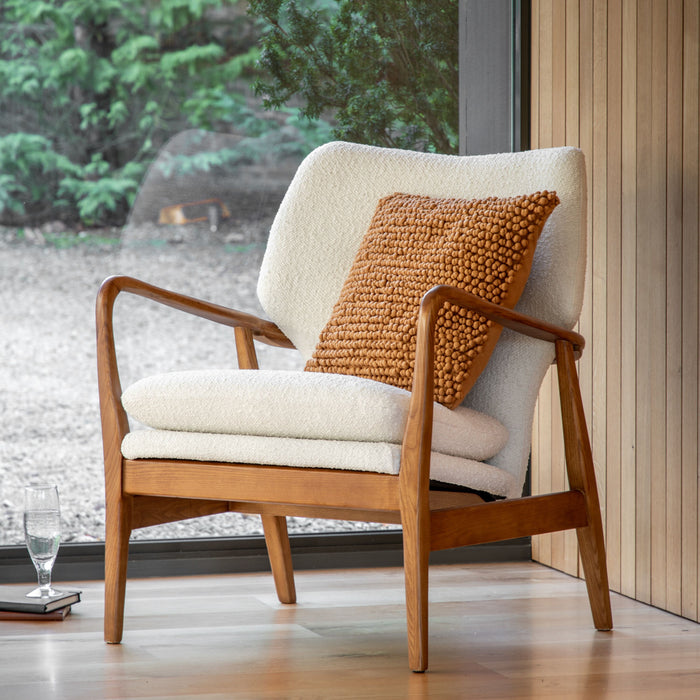 Sophie Wooden Armchair in Cream Boucle Style Fabric