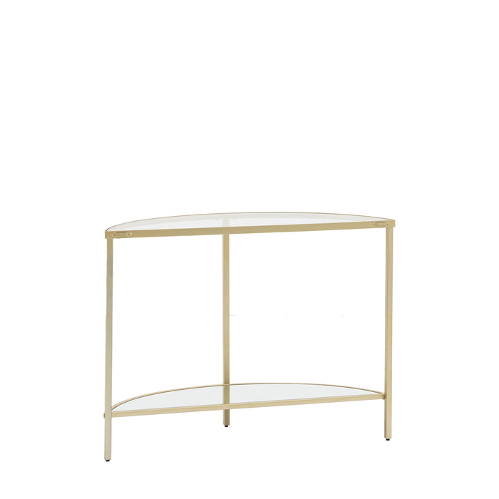 Greta Console Table, Champagne, Metal Frame, Lower Shelf, Glass Top