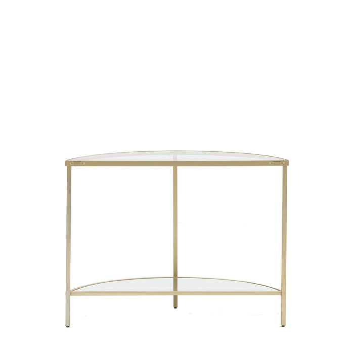 Greta Console Table, Champagne, Metal Frame, Lower Shelf, Glass Top