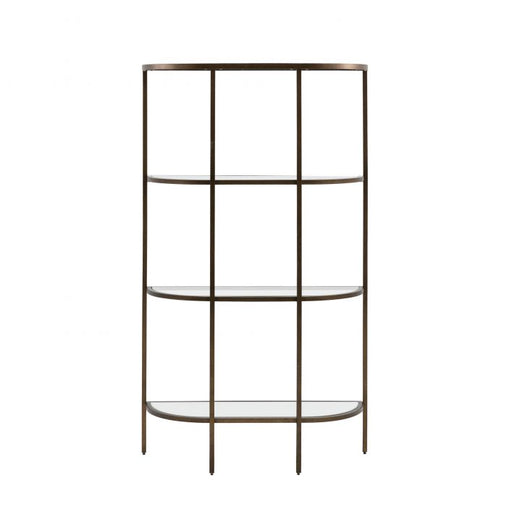Aria Four Tier Floor Shelf, Bronze Metal Frame, Rectangular, Glass Shelves, Curved Silhouette