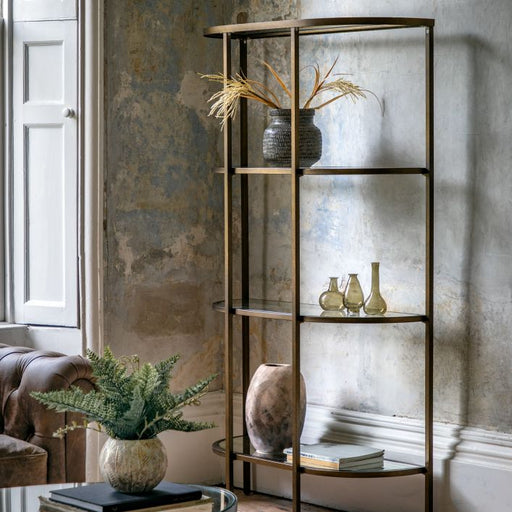 Aria Four Tier Floor Shelf, Bronze Metal Frame, Rectangular, Glass Shelves, Curved Silhouette