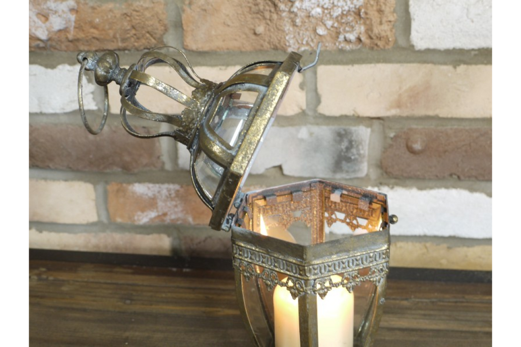 Distressed Gold Metal & Glass Crown Lantern - 34 x 15 cm